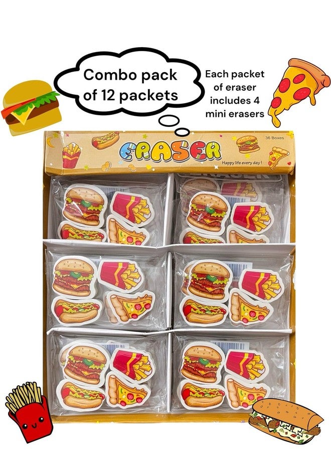 Le Delite Fast Food Themed Erasers for Kids, 12 Pack Set with Burger Pizza Fries Design, Return Gift Stationery - Image 2